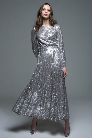 Silver A-Line Long Sleeve Formal Dress With Sequins